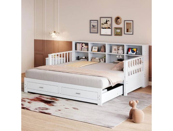 Canapé-lit multifonctionnel - GUTENT - 90/180x190 cm - Bois massif - Blanc - Avec tiroirs de rangement
