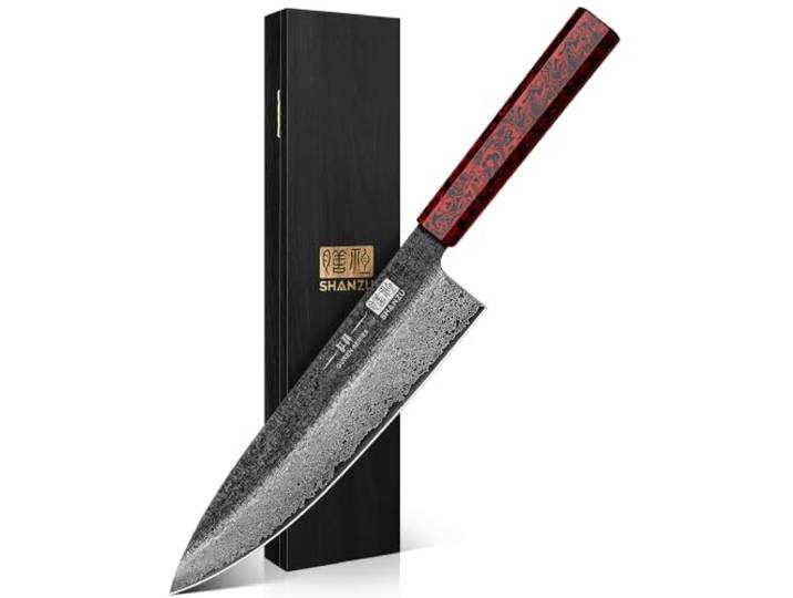 SHAN ZU SG2 Damast Kochmesser 20 cm - Profi Japanisches Küchenmesser handgeschmiedetes SG2 Pulverstahl, Extrem scharfes Profi-Messer mit Lack-Holzgriff & Holzbox
