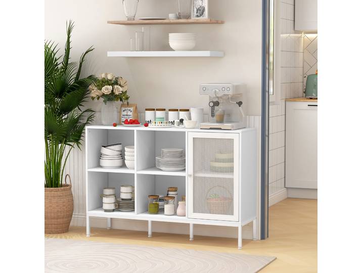 HOMCOM Buffet Blanc 4 Compartiments 1 Placard Étagère