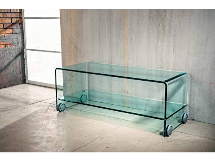 IMAGO FACTORY Flix TV-Ständer für Wohnzimmer, Brücke aus gebogenem Glas, mit Ablage und Rädern, TV-Beistelltisch aus robustem Glas