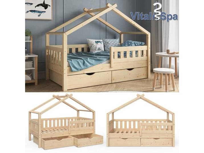 Lit cabane Design 80x160 cm avec 2 tiroirs Naturel bois Vitalispa 33271