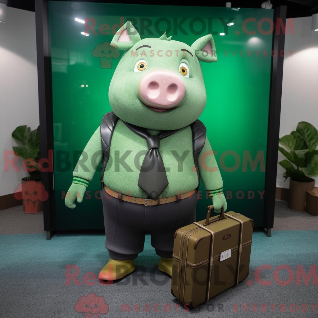 Maskottchencharakter REDBROKOLY eines grünen Schweins mit Pullover und Aktentasche