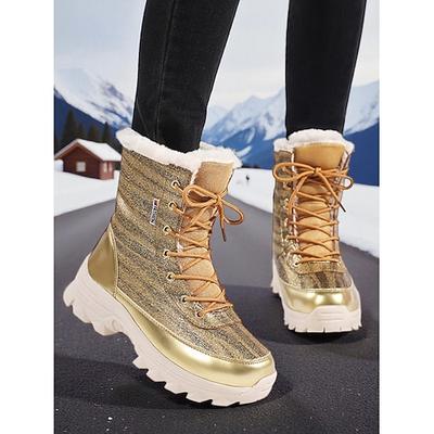 Goldene Damen-Schnürstiefel für den Winter – warmes Kunstfellfutter, wasserdichte, rutschfeste Sohle, modische Outdoor-Wander- und Winterbekleidung