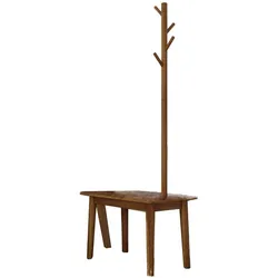 COSTWAY 3-in-1-Beistelltisch aus Massivholz, Garderobe mit Schuhbank und 3 Haken, freistehend, braun