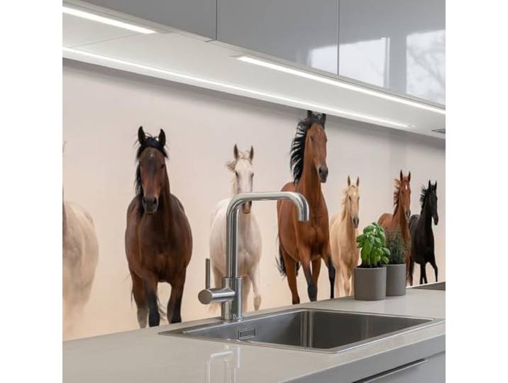 KitchenYeah© Spritzschutz Küche Küchen Rückwand Küchendeko Wand Wandschutz 60x250 cm - Selbstklebend Backsplash Kitchen Peel And Stick Pferdeherde - Staubwolke - Braun - Schwarz