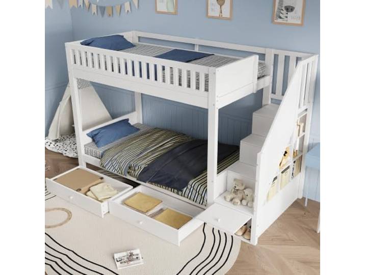 BXEYXE Weißes Kinder-Etagenbett 90x200 cm aus Holz, Stockbett mit Stauraumtreppe, 2 Bettkästen und Rausfallschutz, platzsparendes Hochbett für Kinderzimmer