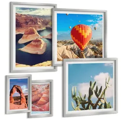 BILDER SET 5er Set - 50x50 cm & 20x30 cm & 40x60 cm Silberner Rahmen - Berge, Seen, Wälder, Wege