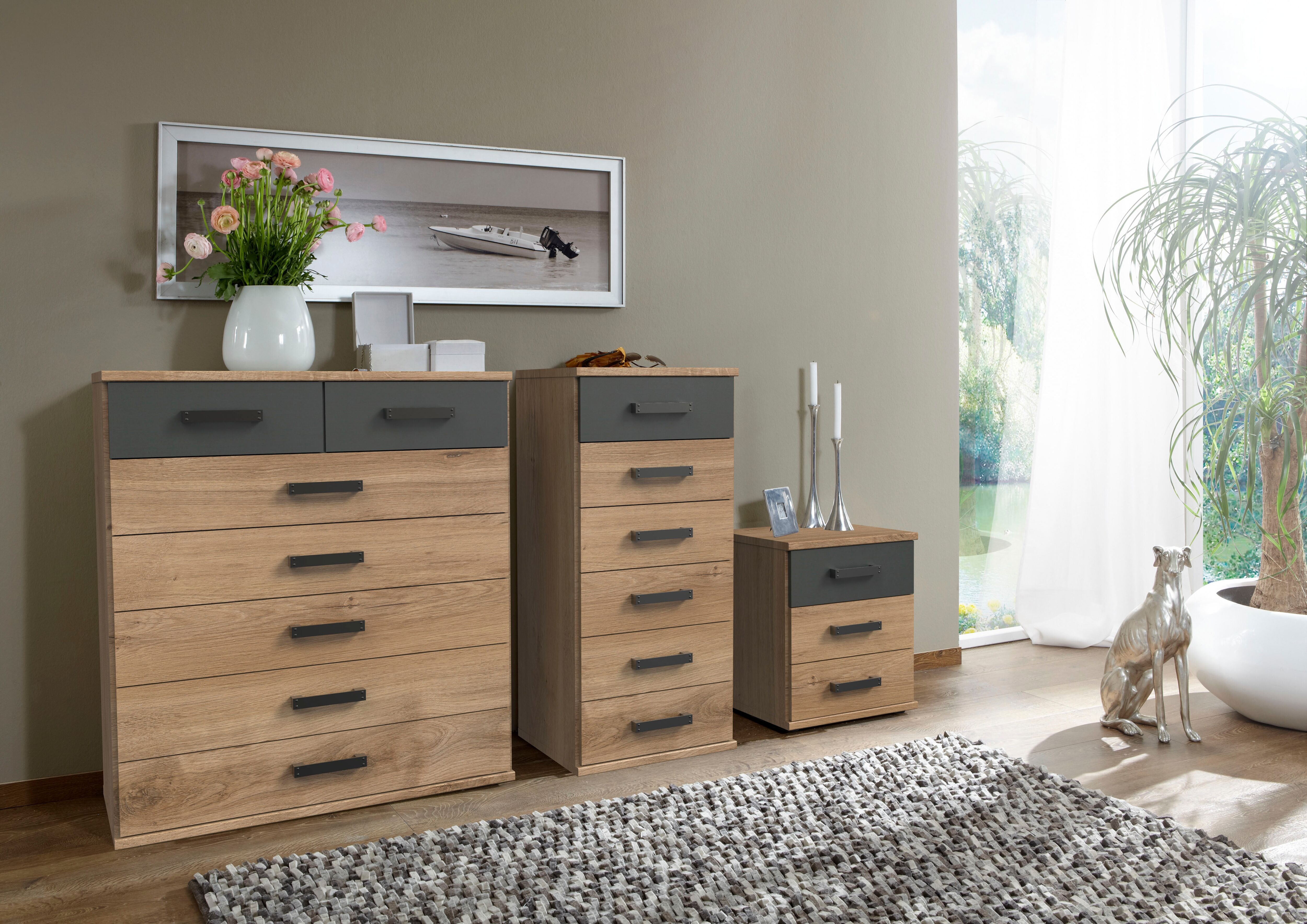 Schubkastenkommode WIMEX "Cork, Hochkommode, Highboard 91/40/103cm, Made in Germany", braun (plankeneiche nachbildung, absetzung grafit), B:91cm H:103cm T:40cm, Holzwerkstoff, Sideboards, Schubkastenkommode, industrial Design, rustikaler Look, 7 Schublade