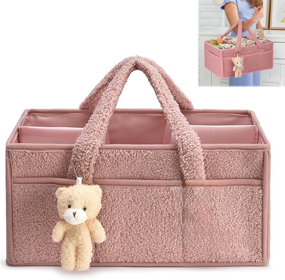 Draagbare Baby Luier Caddy Organizer met Verwijderbare Verdelers, Opvouwbare Vilten Opbergtas, Roze