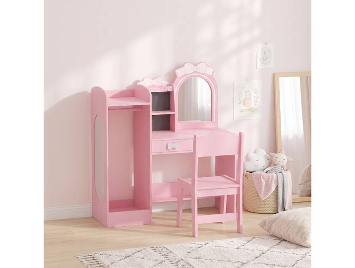 AIYAPLAY Coiffeuse Enfant Rose avec Tabouret et Miroir Lumineux