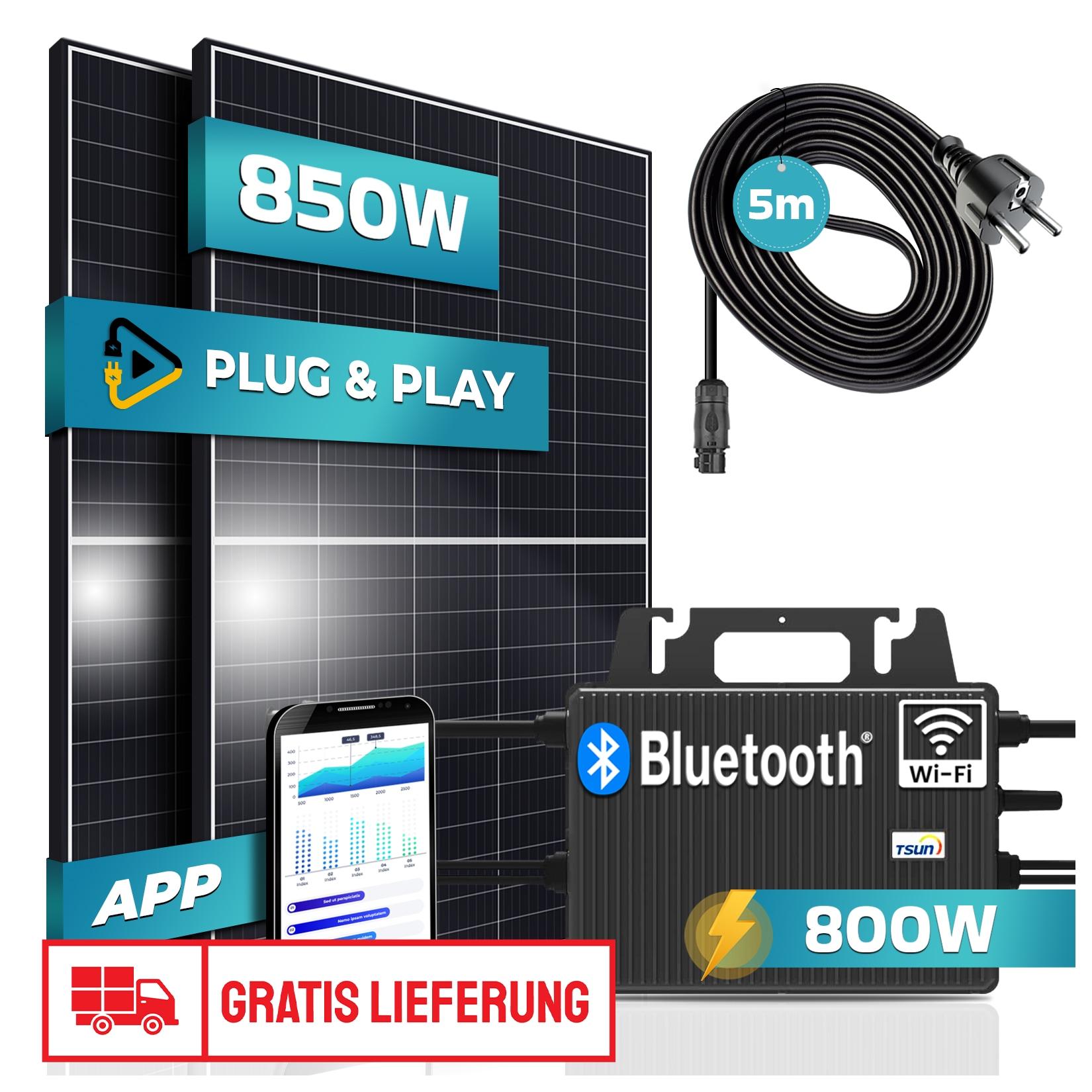 SUNNIVA® 850W Balkonkraftwerk 800W komplett Steckdose - TSUN 800W Wechselrichter - PV Solaranlage Komplettset - 2x 425W Solarmodule - inkl. 5m Kabel - Bluetooth WIFI
