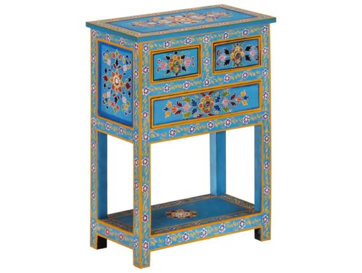 Kaorsrow Sideboard Türkis 55x30x76 cm Massivholz Mango Kommode Buntes Handbemaltes Design bringt lebendige Akzente ins Wohnzimmer und Flur. Bietet 3 Schubladen und 1 Ablagefläche.