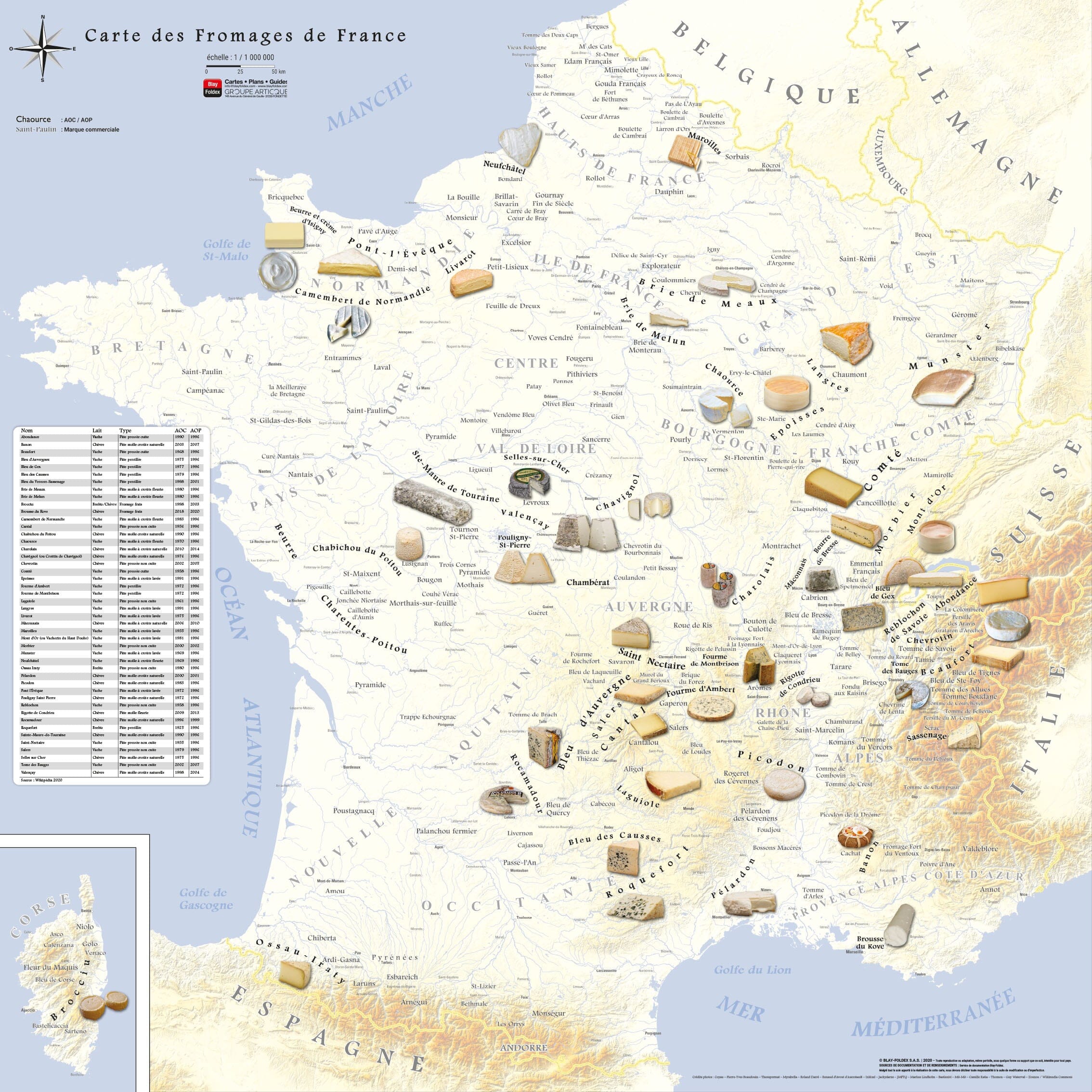 Poster – Carte des fromages AOC de France - 80 x 80 cm   Blay Foldex - Fond Jaune / PVC 3 mm