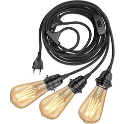ledscom.de Textilkabel LEKA schwarz, Stecker, Schalter, 8 m, Lampen-Fassung, inkl. 3x E27 LED Leuchtmittel, ST64 (489lm, extra warmweiß)
