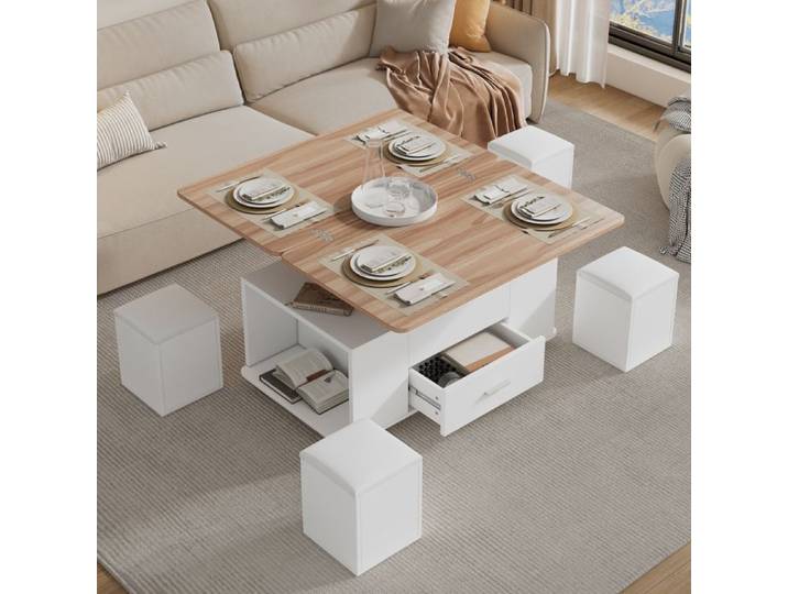 LPOSPI Table basse relevable 4 tabourets tiroir roulettes panneaux de particules blanc bois naturel 100x50x45 cm