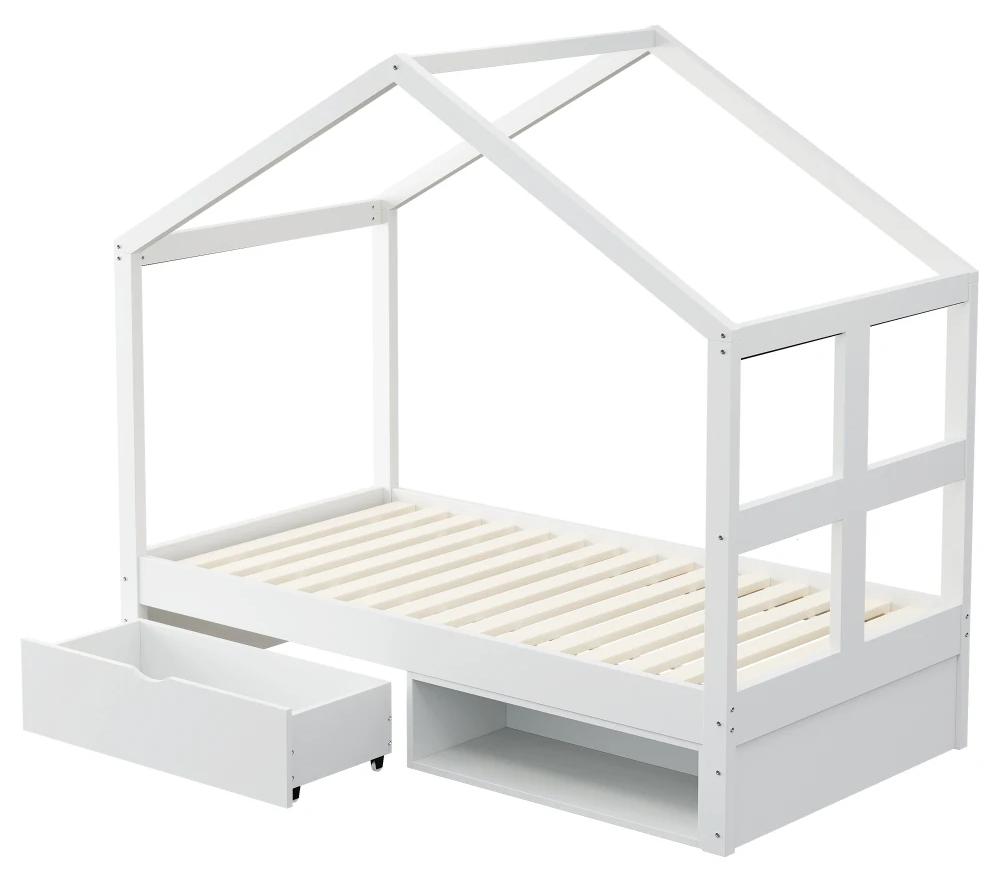 Holzbett - Jugendbett - 90 x 190 cm - Mit Schubladen - Kleiner Schuhschrank - Mehrfarbige LED-Beleuchtung - Lattenrost - Weiß