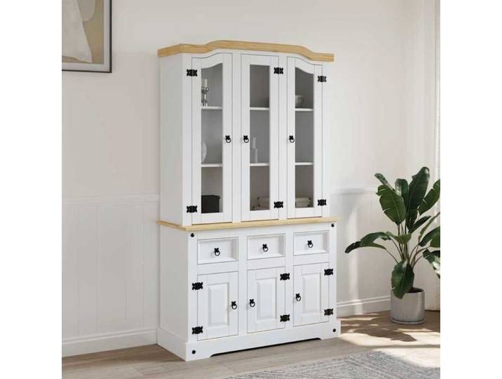 Buffet haut Blanc 112 x 43 x 191 5 cm en Bois d'Ingénierie et Verre avec 6 Portes et 3 Tiroirs