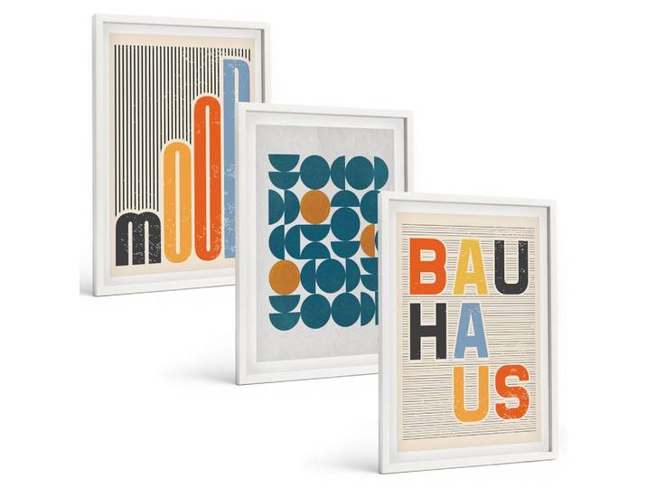 BILDER SET 3er Set - 40x60 cm Weißer Rahmen - Geometrische Muster im Bauhaus-Stil