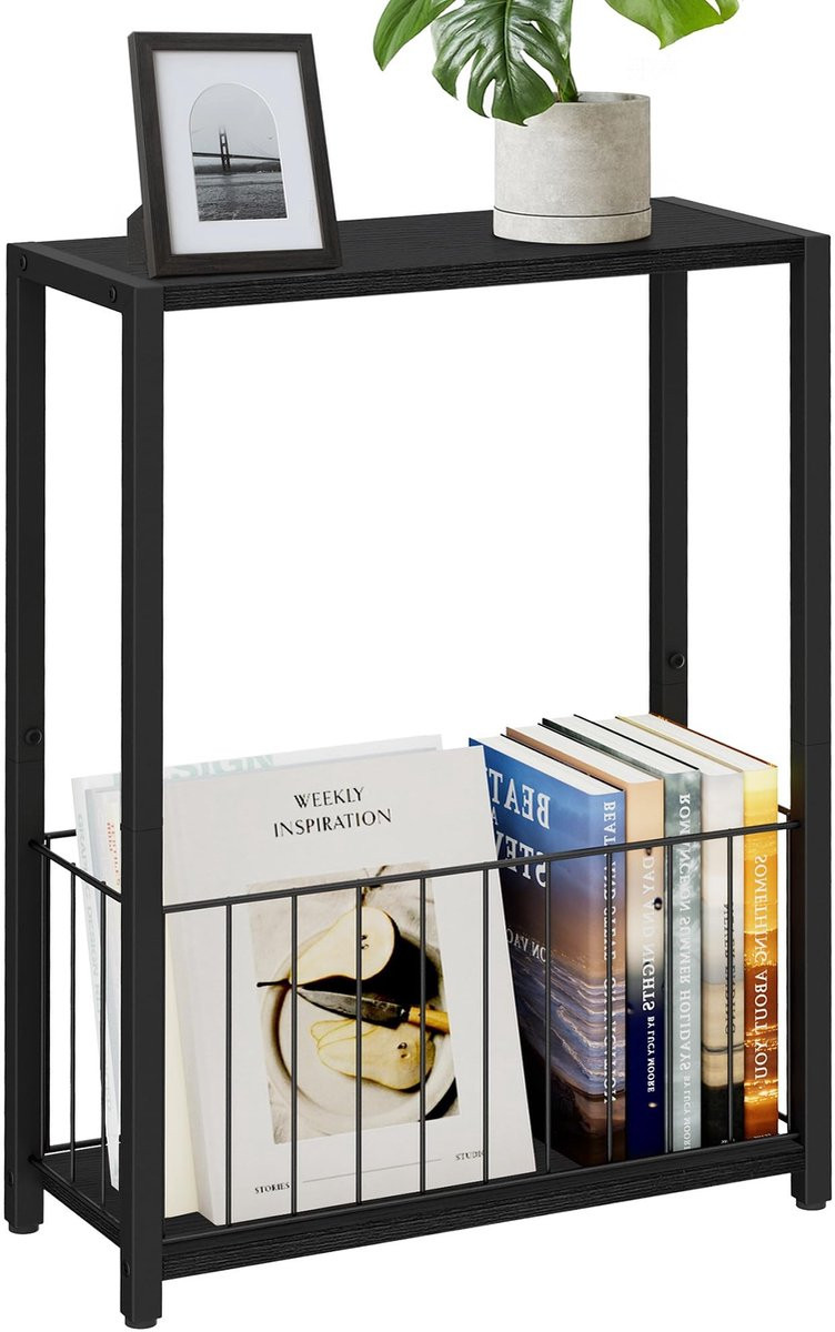 Omgoods Smalle Bijzettafel met Tijdschriftenhouder, Zwart