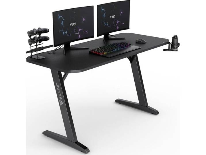 SENSE7 Nomad Basic - Bureau gamer - 140x60 cm - Finition carbone Porte-gobelet Gestion câbles - Table gaming - Max 80kg