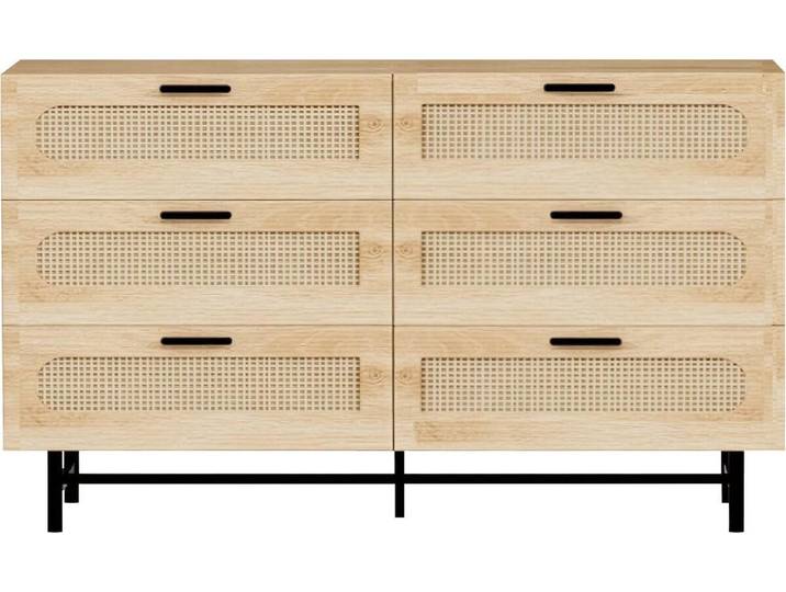 Commode en bois et cannage \ Harrison\ - 120 x 40 x 75 cm - Beige