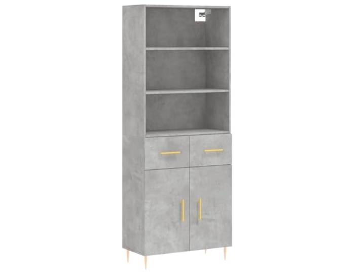 Fisinber Highboard Betongrau 69,5x34x180 cm Holzwerkstoff Schrank Zweiteiliges Standregal fürs Wohnzimmer mit stabilen Metallfüßen und Schranktüren für aufgeräumten Stauraum.
