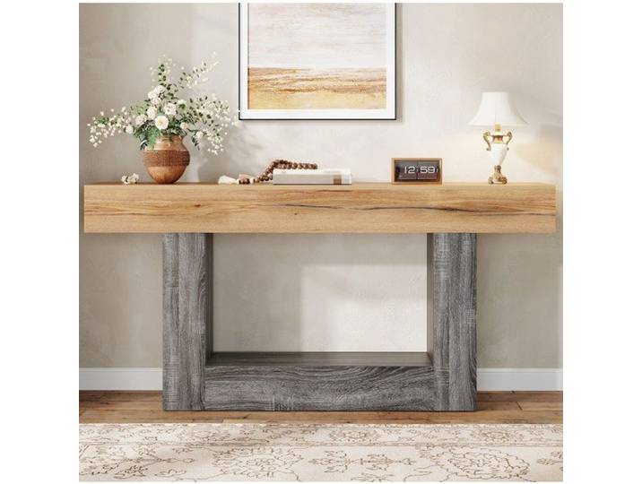 Console bicolore MIVRAY effet bois table d'entrée avec plateau épais et étagère inférieure meuble en panneaux de particules