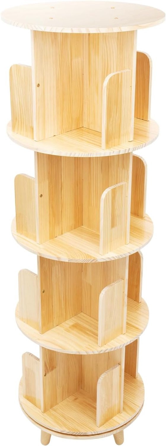 Draaibare houten boekenkast met 4 niveaus, ronde staande boekenkast voor kinderen en volwassenen