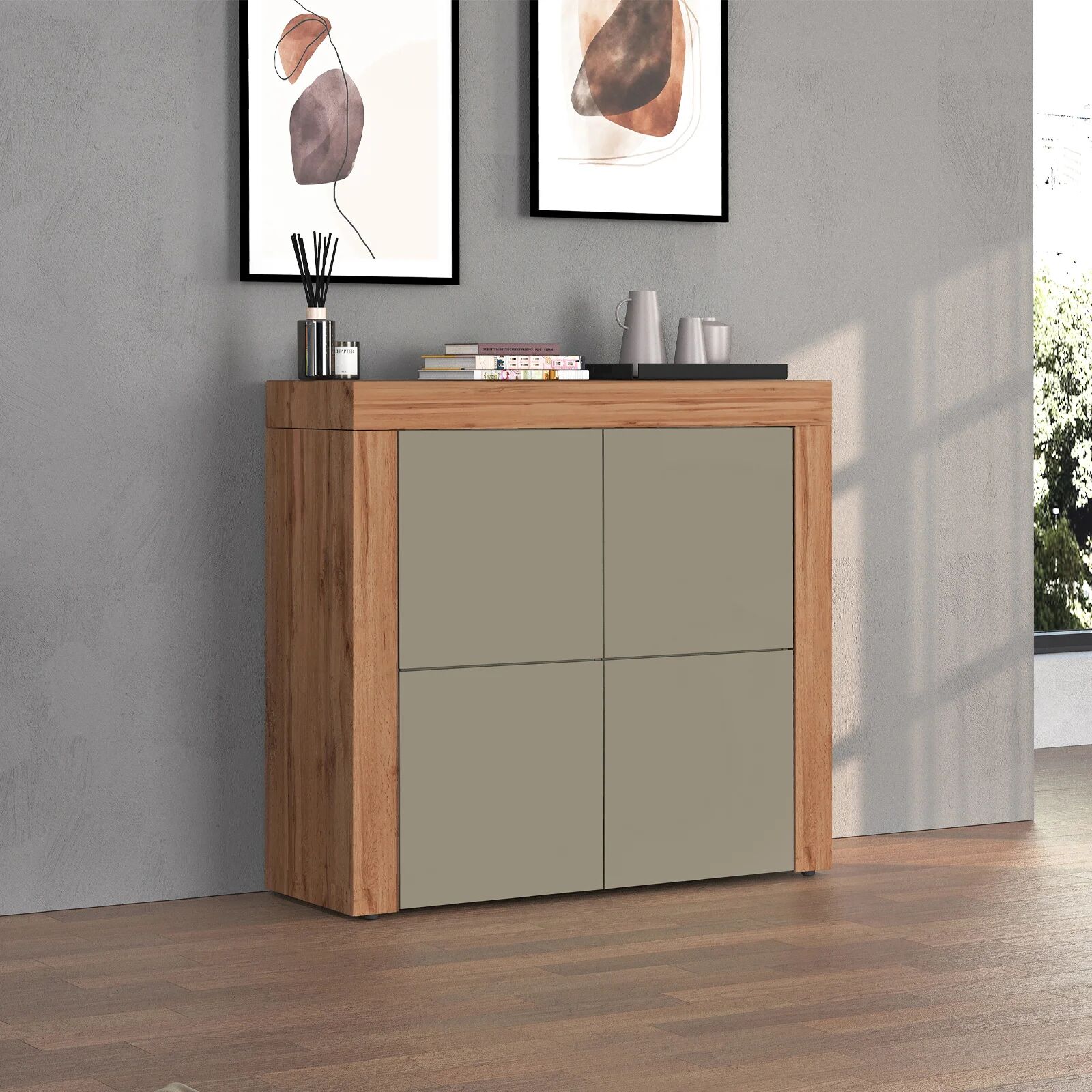 garneroarredamenti Madia alta moderna 140x130h cm tortora rovere Block