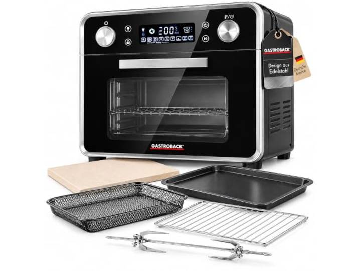 GASTROBACK #42815 Design Ofen Air Fry & Pizza, 1680 Watt, 5 IN 1: Pizzaofen, Heißluftfritteuse, Mini-Backofen, Grill-Drehspieß und Dörrgerät, 22 Liter Kapazität, 3 Einschubebenen