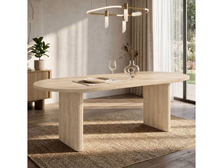 Table à Manger Extensible Ovale 140-200 cm - Effet Travertin - Pieds Cannelés Bords Arrondis - Table de Séjour pour 6-8 Personnes