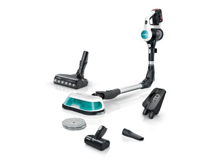 Bosch Akku-Staubsauger Unlimited 7 ProHygienic Aqua BKS71HYG4, kabellos, 2in1 Saugen & Wischen, Knickrohr, HEPA-Filtersystem, 10 J. Motorgarantie, Wechselakku, Mini-Turbo-Düse, Made in Germany, weiß