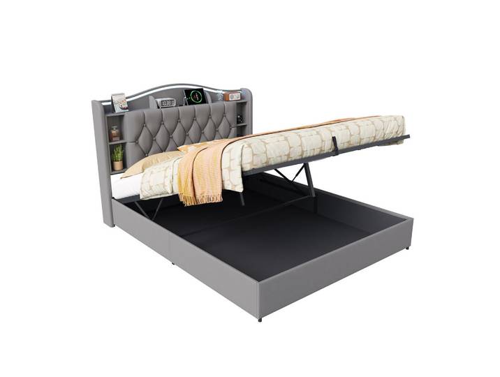 Shopentra Polsterbett 140/190 cm Grau mit Bettkasten und Kabellosem Laden, Holz, 140x190 cm, Schlafzimmer, Betten, Polsterbetten