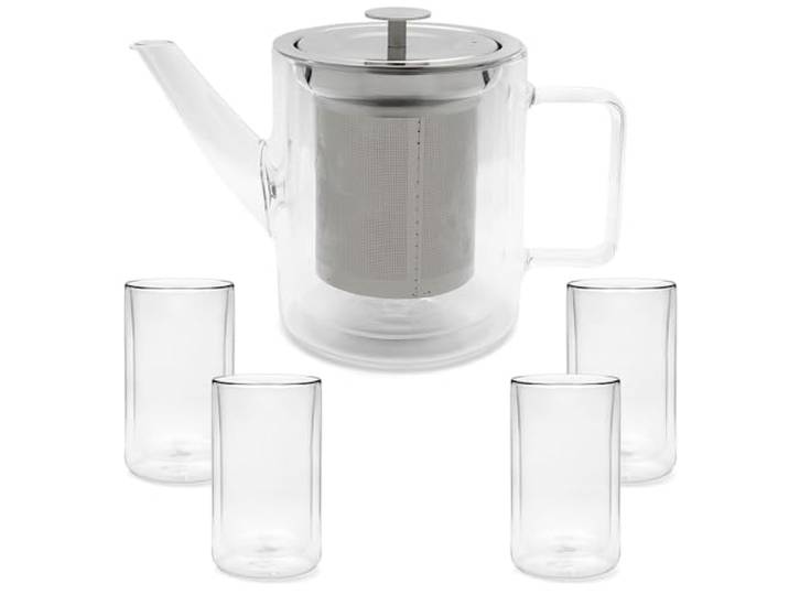 Bredemeijer kleine gläserne doppelwandige Teekanne 1.0 Liter - isolierende Glaskanne Set mit Edelstahl-Teefilter und 4 Teegläser aus Glas (je 400 ml)