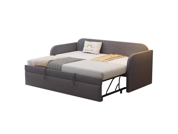 Redom Polsterbett 90/190 cm ausziehbar auf 180/190 cm mit Lattenrost und vertikalen Zierstreifen, Grau, Leder, 90x190 cm, Schlafzimmer, Betten, Polsterbetten