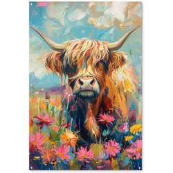 GARTENPOSTER Schottische Hochländer - Natur - Farbenfroh - Blumen Bild 120x180 cm