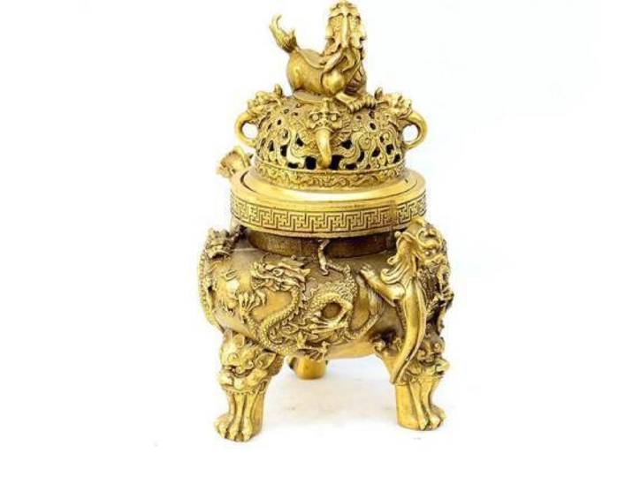 Chinois vieux Bronze doré Dragon Foo chien Lion bête Statue brûleur d'encens encensoir