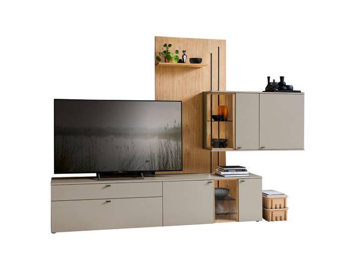 Venjakob Wohnwand, Wildeiche, Seidengrau, Holz, Glas, Holzwerkstoff, Eiche, Wildeiche,Eiche, furniert, 6 Fächer, 1 Schublade(n) Schubladen, 300x224x43 cm, Goldenes M, Made in Germany, Dgm, DGM-Klimapakt, DGM-Emissionslabel, Typenauswahl, hängend, in verschiedenen Holzdekoren erhältlich, Wohnzimmer, Wohnwand, Komplette Wohnwand