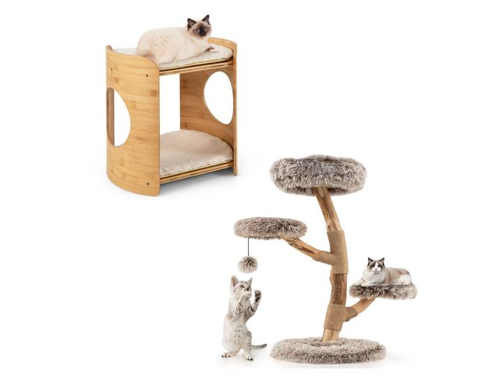 Verhoogd Kattenbed Schattige Kleine Kattenboom met 2 Niveaus + 90 cm Krabpaal Massief Perenhouten Kattentoren met Zitstok