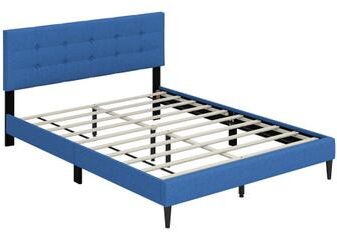 Costway Queen Size Upholstered Platform Bed with Button Tufted Headboard-Blue