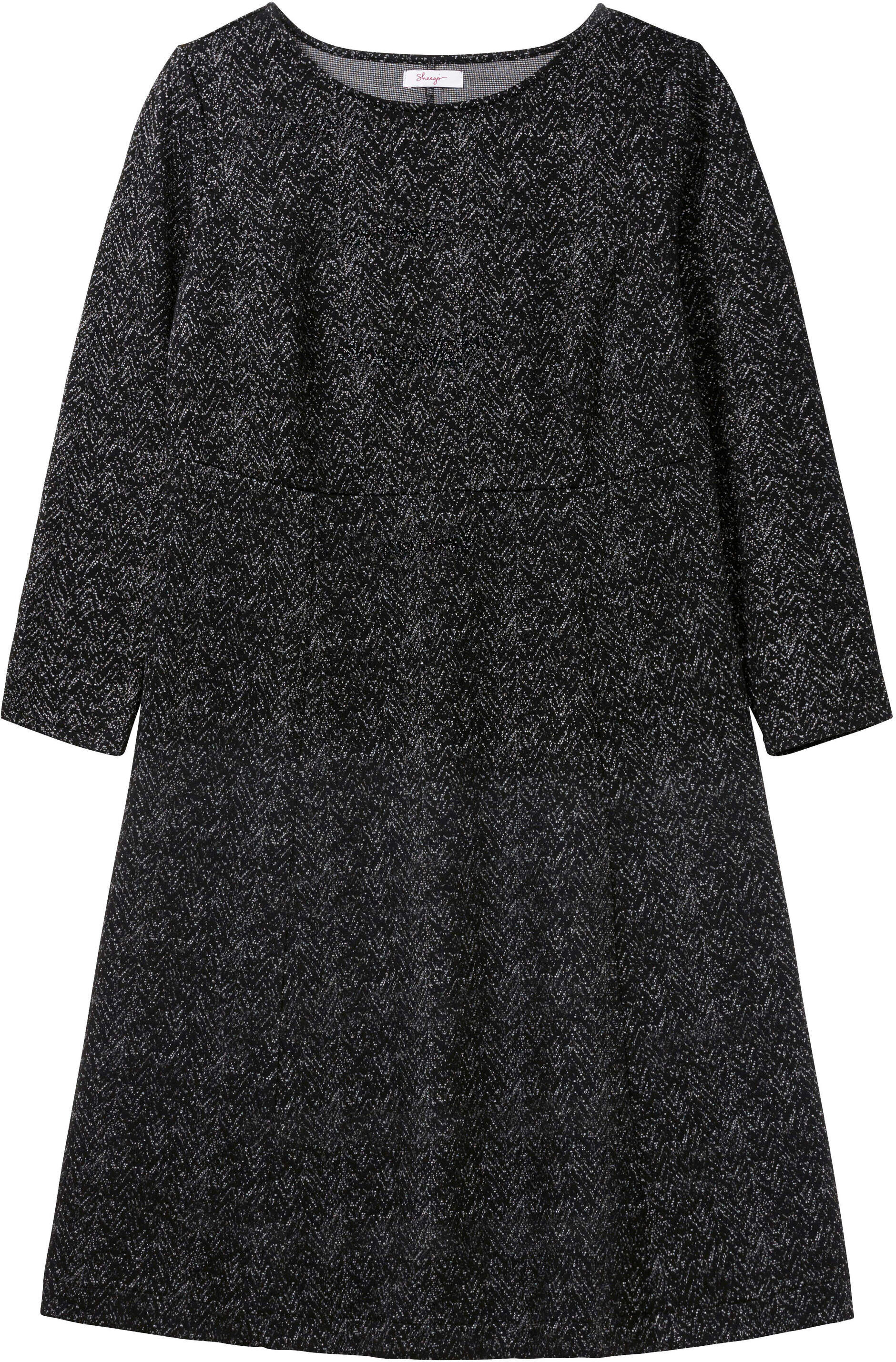 Shirtkleid SHEEGO "Shirtkleid Shirtkleid mit Jacquardmuster bedruckt", Damen, Gr. 42, schwarz, gemustert, Modisch, Rundhals, Kleider Shirtkleid, aus Interlock, im Jacquardmuster