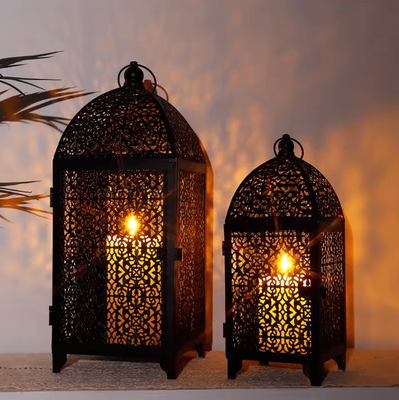 Inspire Curations Elegant Black Metal Hanging Candle Lantern Set Hollow Pattern Ambient Decor Elegant Black Metal Hanging Candle Lantern Set Hollow Pattern Ambient Decor
