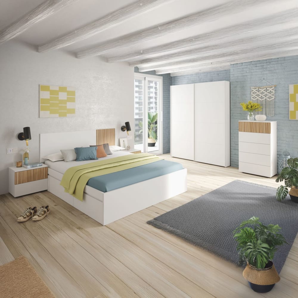 duehome Cabecero para cama de 135-150 cm y 2 mesitas con cajones blanco natur