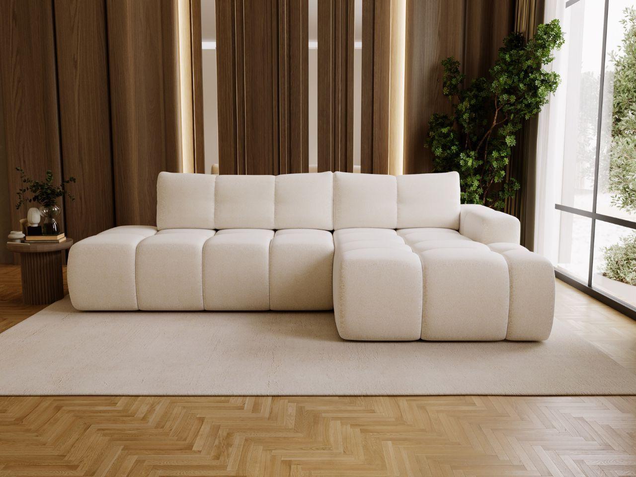 GrainGold Ecksofa L-Form Montero Rechts - Ecksofa mit Schlaffunktion, Bettkasten - Moderne Ecksofa, Wohnzimmer Sofa - Eckcouch mit Bouclé-Stoff - Weiß