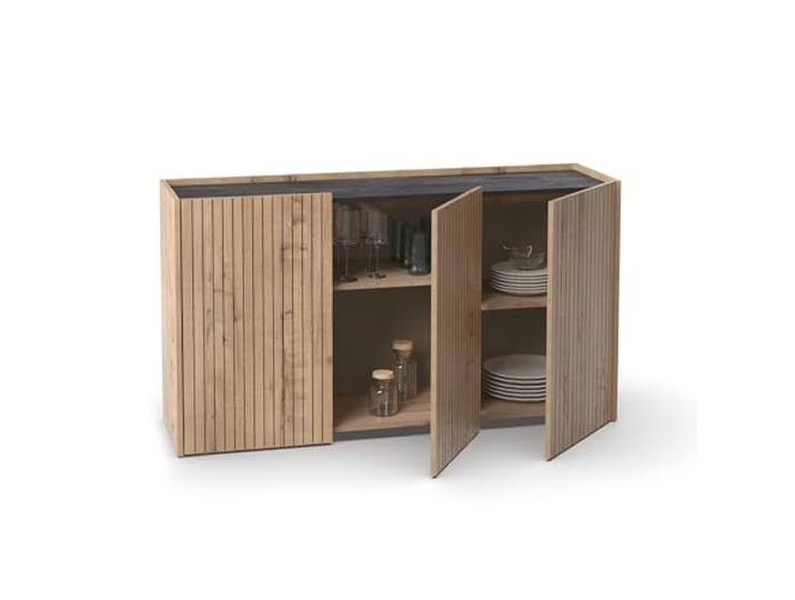 Muebles Pitarch Sideboard für Wohn- und Esszimmer, Buffet, Beistellschrank, 3 Türen, Schwarz und Eiche Gold, Siebdruckstreifen, 80x140x40 cm, Speisekammer, Küche, Büro, Modern, Modell Irati