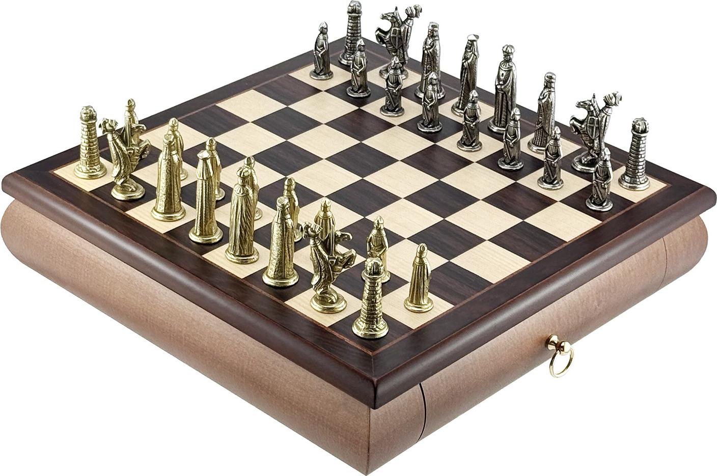 Elegantes mittelalterliches Schachset mit 32 cm Holzbrett - Luxusausgabe