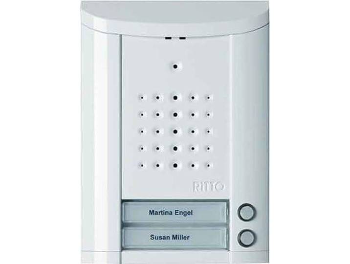 Ritto Entravox 1840270 Station de porte\, audio\, pour 2 maisons familiales\, bouton de sonnette éclairé\, plaque nominative\, interphone anti-vandalisme\, montage en saillie\, blanc
