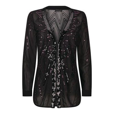 Chiffonbluse GOLDNER "Edle Pailletten-Jacke mit V-Ausschnitt", Damen, Gr. 44, schwarz (schwarz, beere, gemustert), Obermaterial: 100% Polyester PES., V-Ausschnitt, Blusen Chiffonbluse, Pailletten