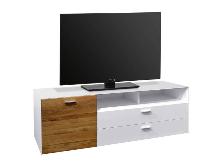 TV-Lowboard I Front & Korpus: Spanplatte, foliert Absetzung: Massivholz Wildeiche, geölt Weiß/Weiß/Wildeiche 177 x 64 x 42cm