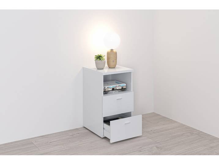 Nachtkonsole FMD Suva , weiss (weiß hochglanz), B:35cm H:60cm T:40cm, Holzwerkstoff, Sideboards, Nachtkonsole, Nachttisch m. 2 Schubkästen und offenem Fach
